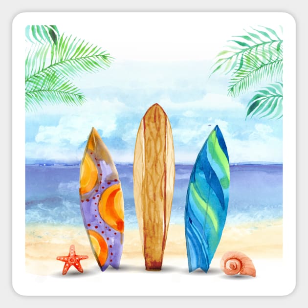 Watercolor surfboard scene Sticker by Makanahele